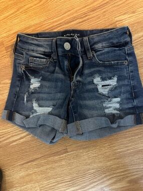 Aeropostale Dark Indigo Distressed Roll-Cuff Denim Shorts